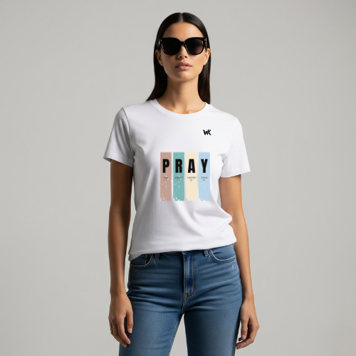 Unisex Pure White PRAY Graphic Printed Basic T-Shirt