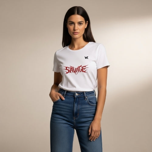 Unisex Frost White SAVAGE Graphic Printed Basic T-Shirt