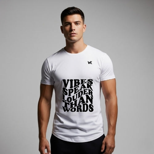 Unisex Ice White VIBES SPEAK LOUDER THAN WORDS Graphic Printed Basic T-Shirt