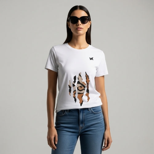 Unisex Glacier White TIGER EYES Graphic Printed Basic T-Shirt